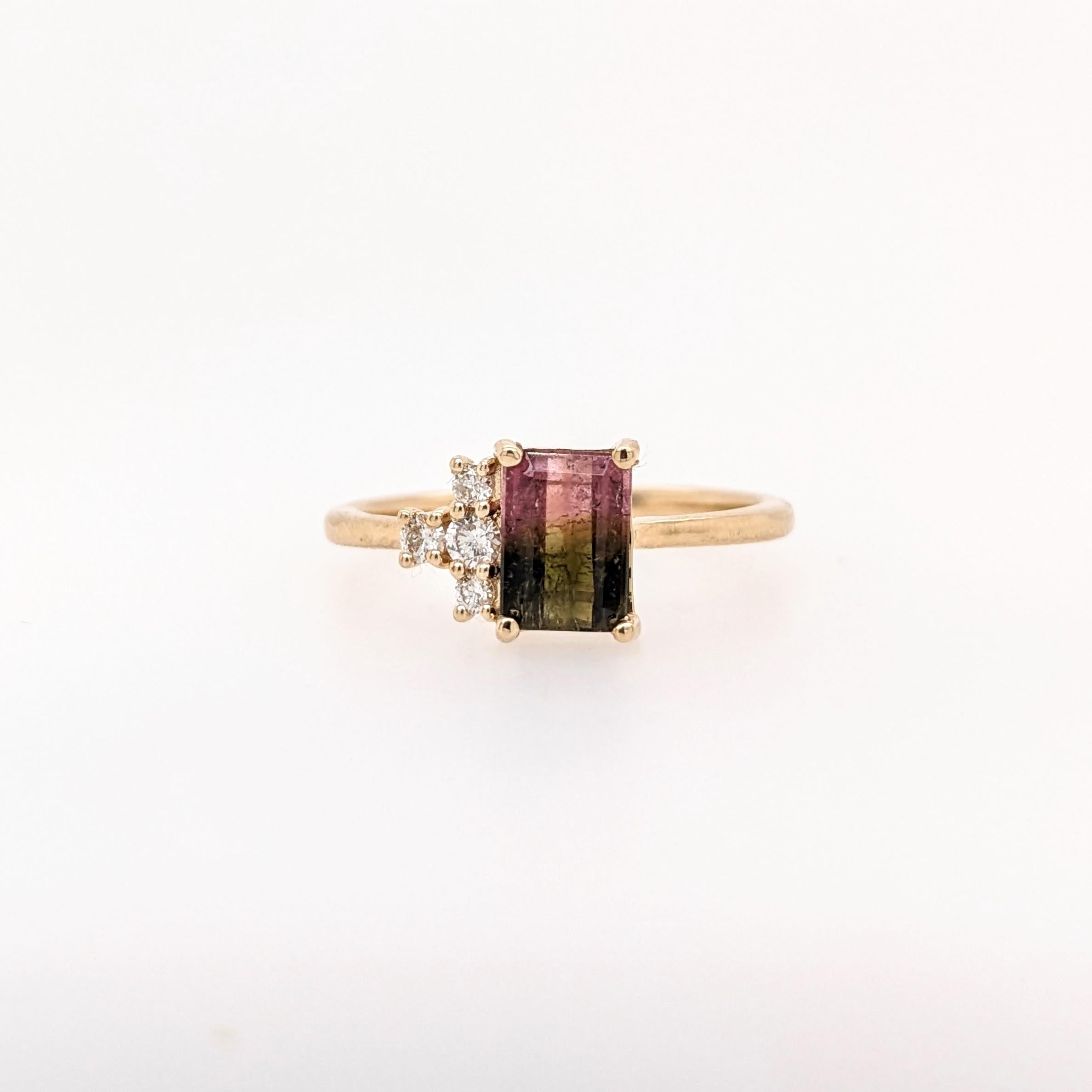 Bicolor Tourmaline Ring w Earth Mined Diamonds in Solid 14K Yellow Gold EM 7x5mm