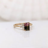 Bicolor Tourmaline Ring w Earth Mined Diamonds in Solid 14K Yellow Gold EM 7x5mm