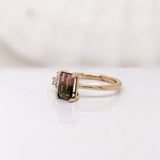 Bicolor Tourmaline Ring w Earth Mined Diamonds in Solid 14K Yellow Gold EM 7x5mm