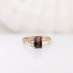 Bicolor Tourmaline Ring w Earth Mined Diamonds in Solid 14K Yellow Gold EM 7x5mm