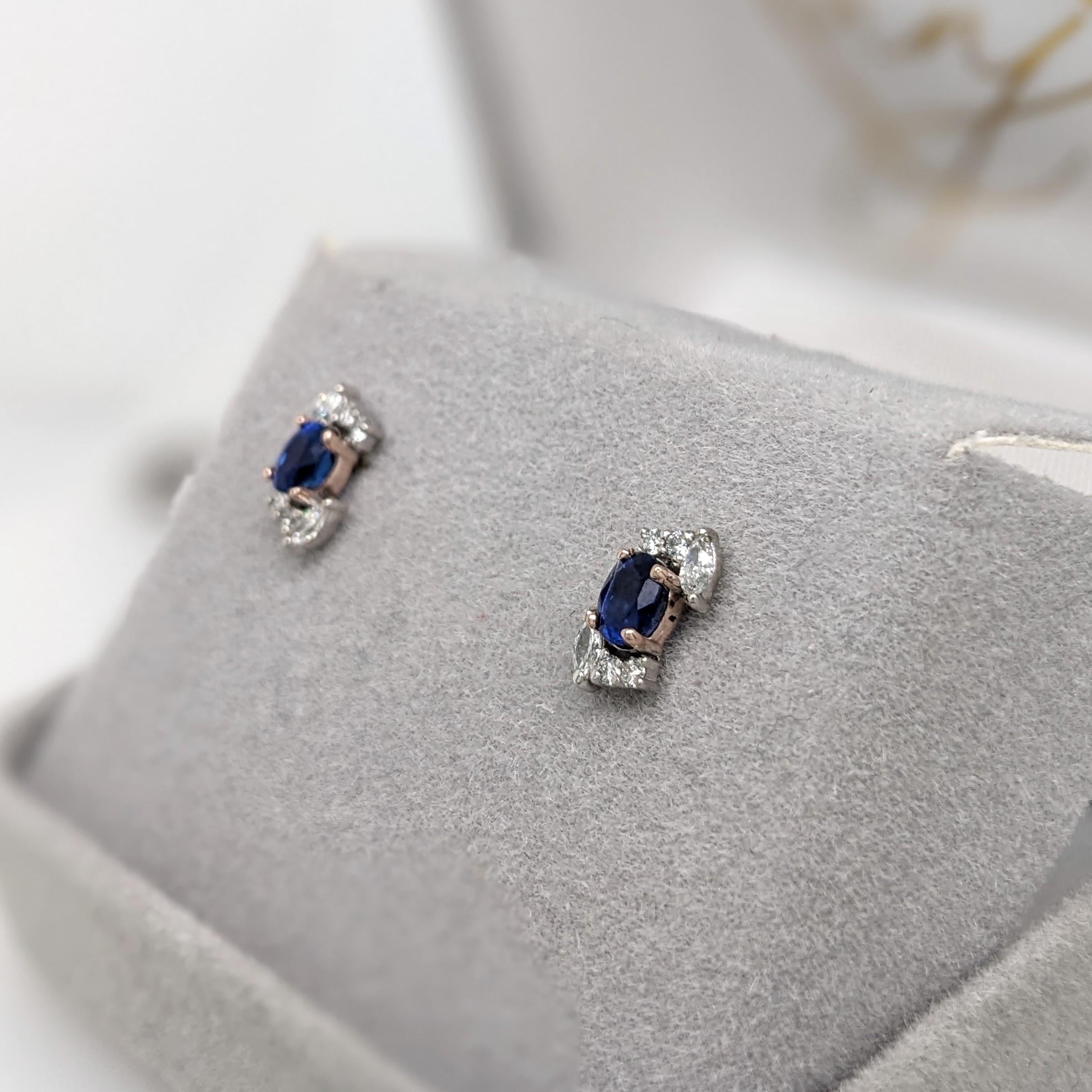 Sapphire Stud Earrings w Earth Mined Diamonds in Solid 14K Dual Tone Gold OV 4x3