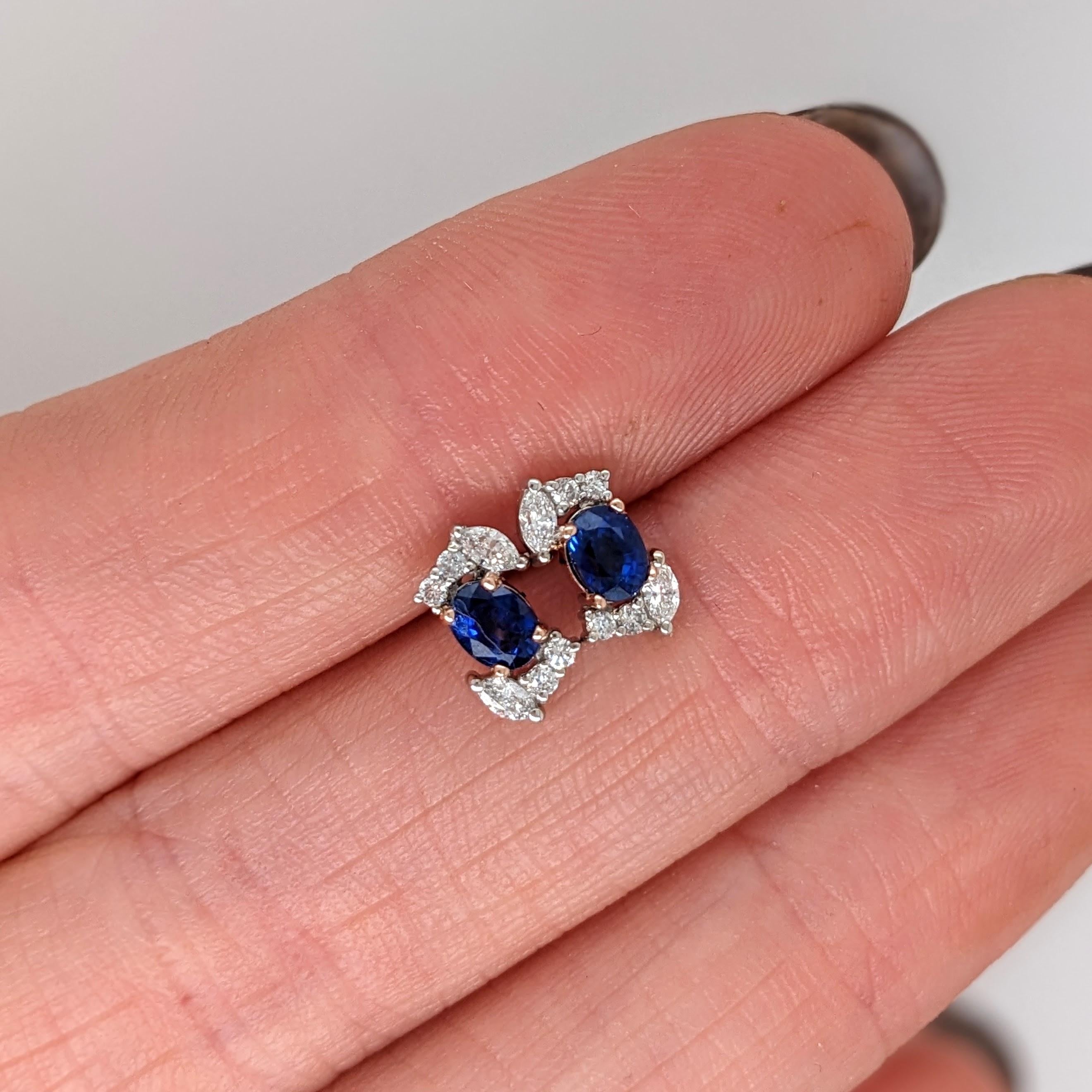 Sapphire Stud Earrings w Earth Mined Diamonds in Solid 14K Dual Tone Gold OV 4x3