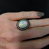 7.4ct Opal Ring w Earth Mined Diamonds & Black Enamel in Solid 14K Yellow Gold | Oval 16x12mm | October Birthstone | Statement Ring