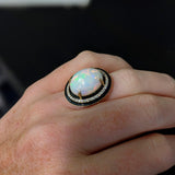 7.4ct Opal Ring w Earth Mined Diamonds & Black Enamel in Solid 14K Yellow Gold | Oval 16x12mm | October Birthstone | Statement Ring