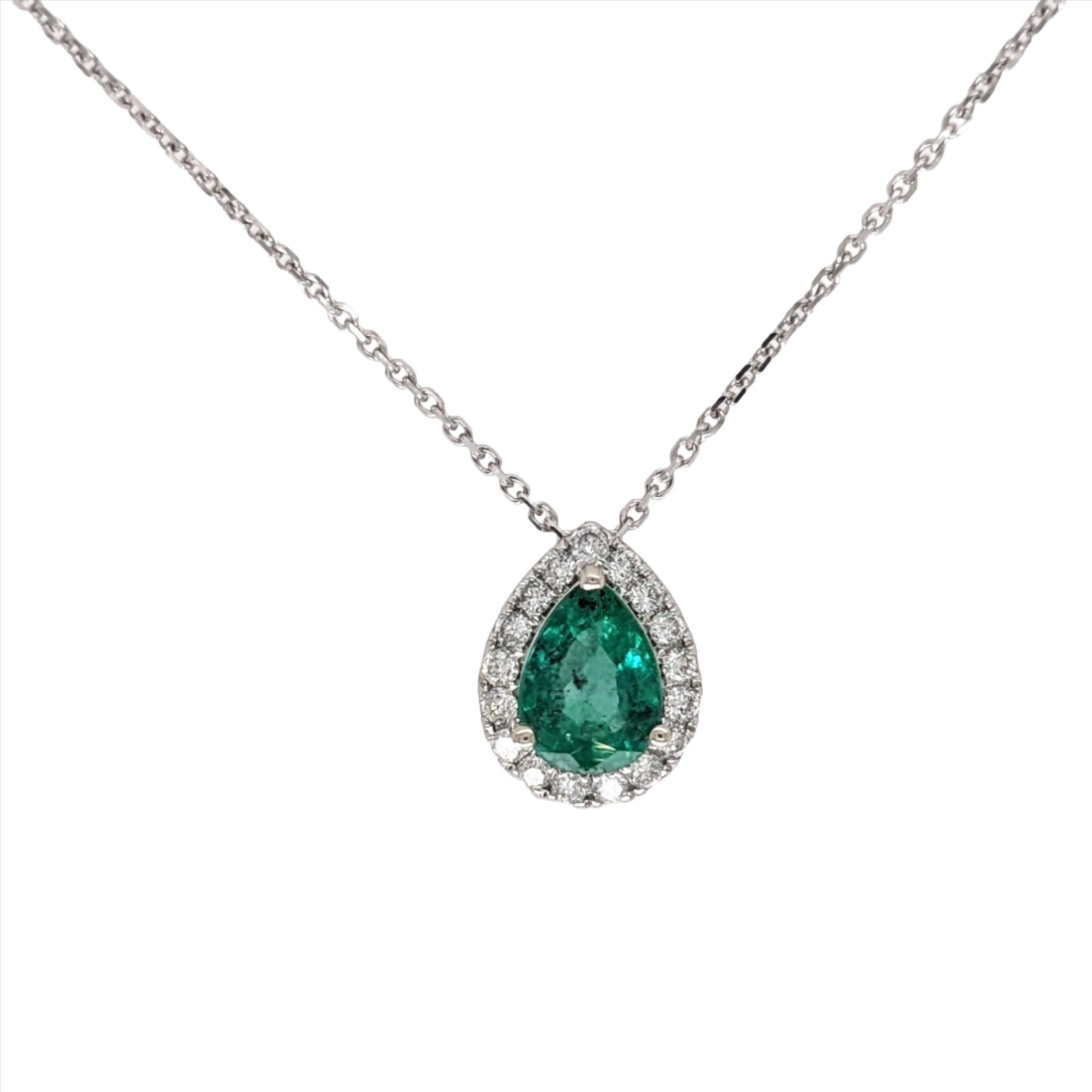 Emerald Pendant Necklace w Earth Mined Diamonds in Solid 14K Gold Pear Shape 7x5