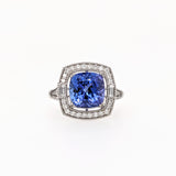 4ct Tanzanite Ring w Earth Mined Diamonds & Milgrain Detail in Solid 14K White Gold | Cushion cut 8mm | December Birthstone