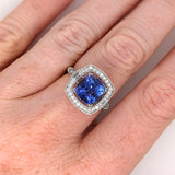 4ct Tanzanite Ring w Earth Mined Diamonds & Milgrain Detail in Solid 14K White Gold | Cushion cut 8mm | December Birthstone