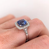 4ct Tanzanite Ring w Earth Mined Diamonds & Milgrain Detail in Solid 14K White Gold | Cushion cut 8mm | December Birthstone