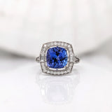 4ct Tanzanite Ring w Earth Mined Diamonds & Milgrain Detail in Solid 14K White Gold | Cushion cut 8mm | December Birthstone