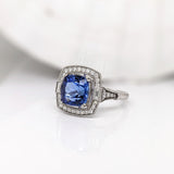 4ct Tanzanite Ring w Earth Mined Diamonds & Milgrain Detail in Solid 14K White Gold | Cushion cut 8mm | December Birthstone