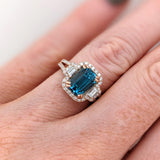 4.6ct Blue Zircon Ring w Earth Mined Diamonds in Solid 14K Dual Tone Gold | Emerald cut 9x7mm | December Birthstone