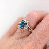 4.6ct Blue Zircon Ring w Earth Mined Diamonds in Solid 14K Dual Tone Gold | Emerald cut 9x7mm | December Birthstone