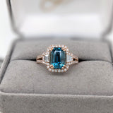 4.6ct Blue Zircon Ring w Earth Mined Diamonds in Solid 14K Dual Tone Gold | Emerald cut 9x7mm | December Birthstone