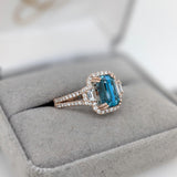4.6ct Blue Zircon Ring w Earth Mined Diamonds in Solid 14K Dual Tone Gold | Emerald cut 9x7mm | December Birthstone