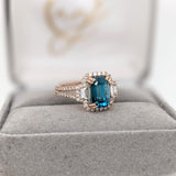 4.6ct Blue Zircon Ring w Earth Mined Diamonds in Solid 14K Dual Tone Gold | Emerald cut 9x7mm | December Birthstone