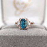 4.6ct Blue Zircon Ring w Earth Mined Diamonds in Solid 14K Dual Tone Gold | Emerald cut 9x7mm | December Birthstone