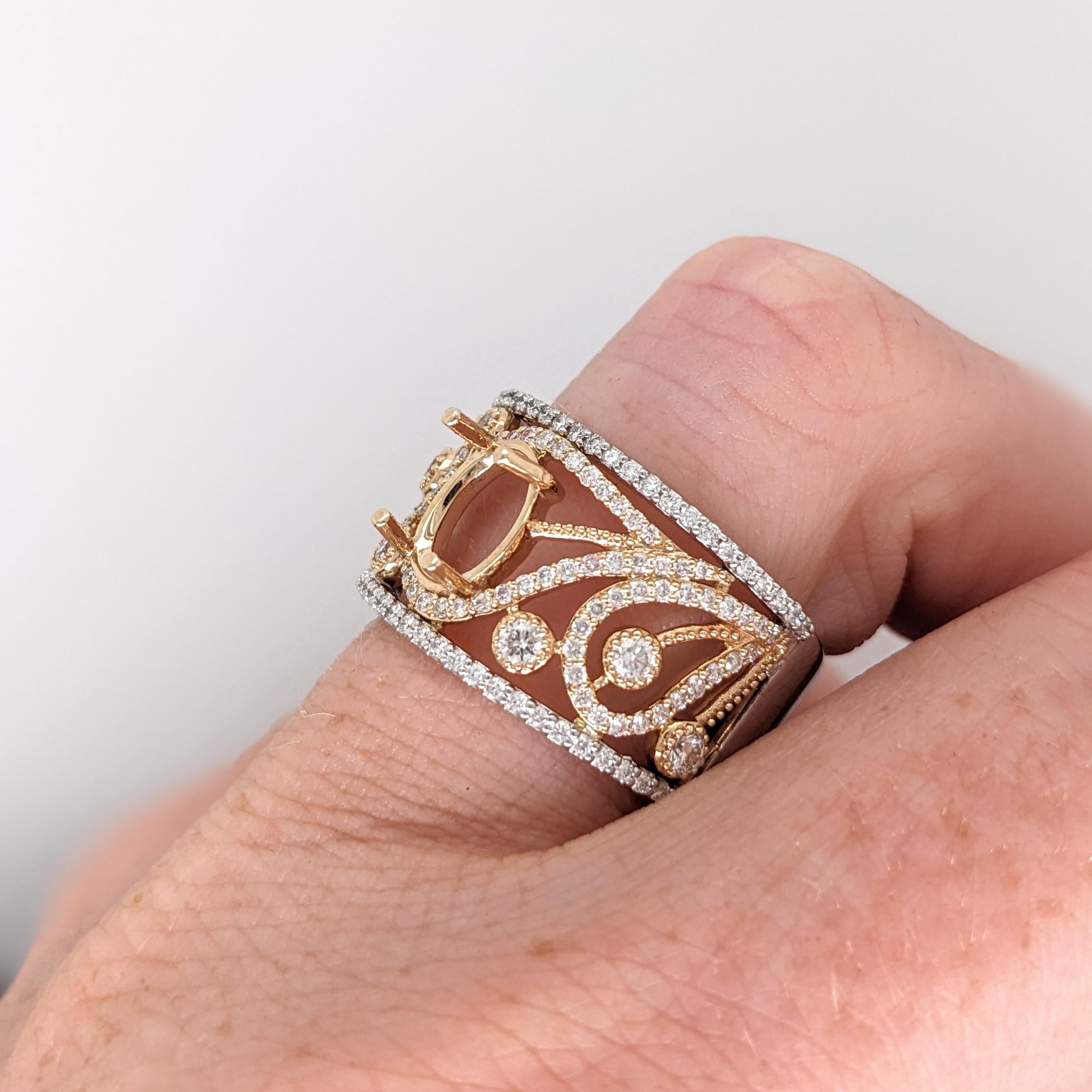 Ring Semi Mount w Earth Mined Diamonds in Solid 14K Gold Oval 8x6mm