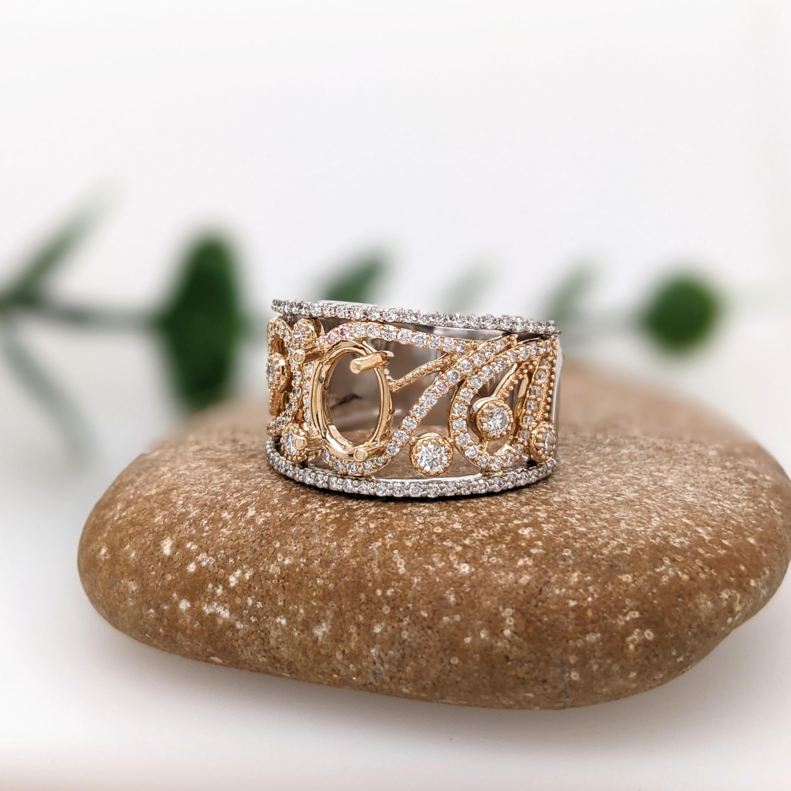 Ring Semi Mount w Earth Mined Diamonds in Solid 14K Gold Oval 8x6mm