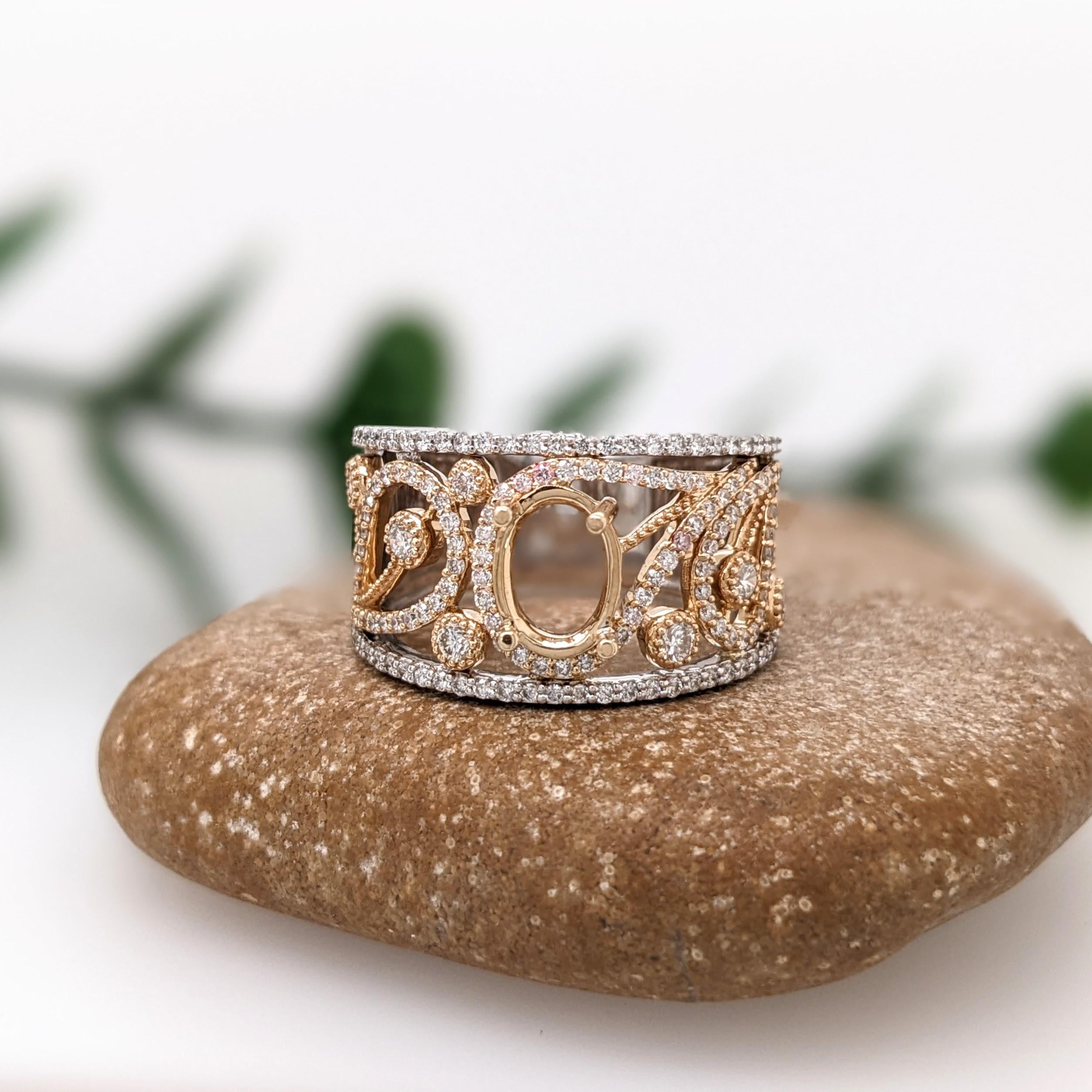Ring Semi Mount w Earth Mined Diamonds in Solid 14K Gold Oval 8x6mm
