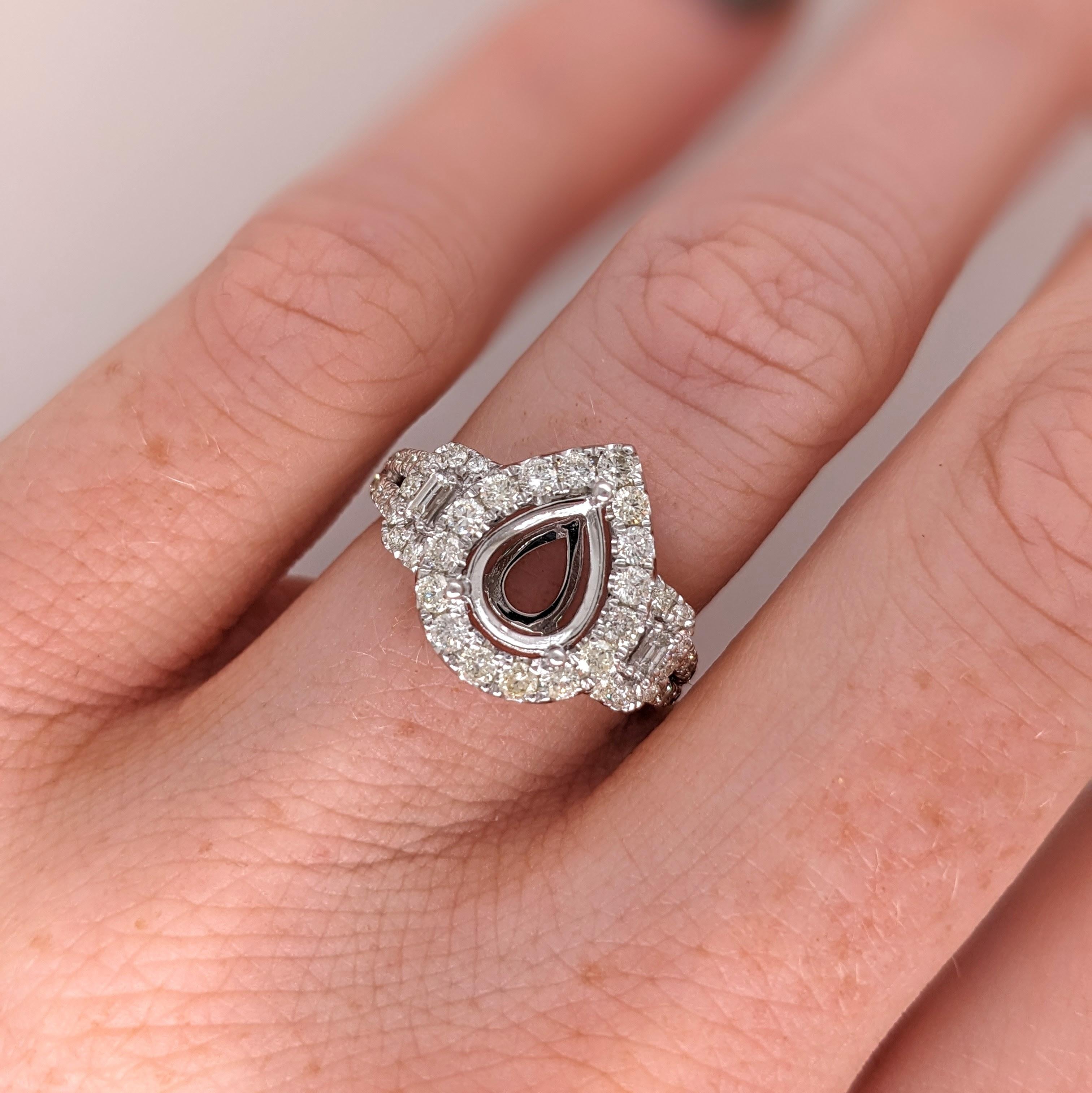Ring Semi Mount w Earth Mined Diamonds in Solid 14K Gold Pear Shape 8.5x7.5