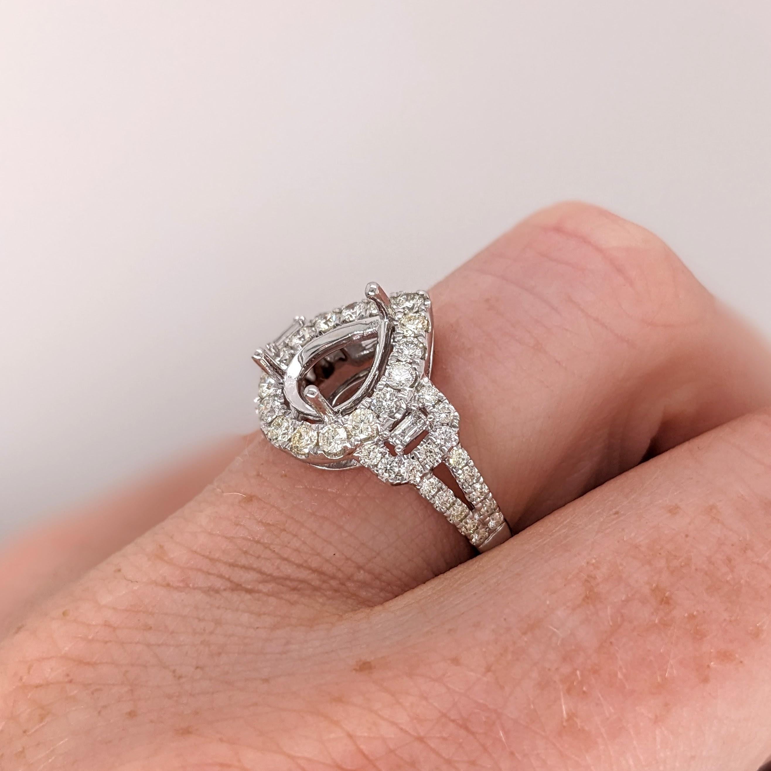 Ring Semi Mount w Earth Mined Diamonds in Solid 14K Gold Pear Shape 8.5x7.5