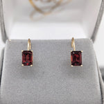 Beautiful Garnet Lever Back Earrings in Solid 14K Gold | Emerald Cut 7x5mm