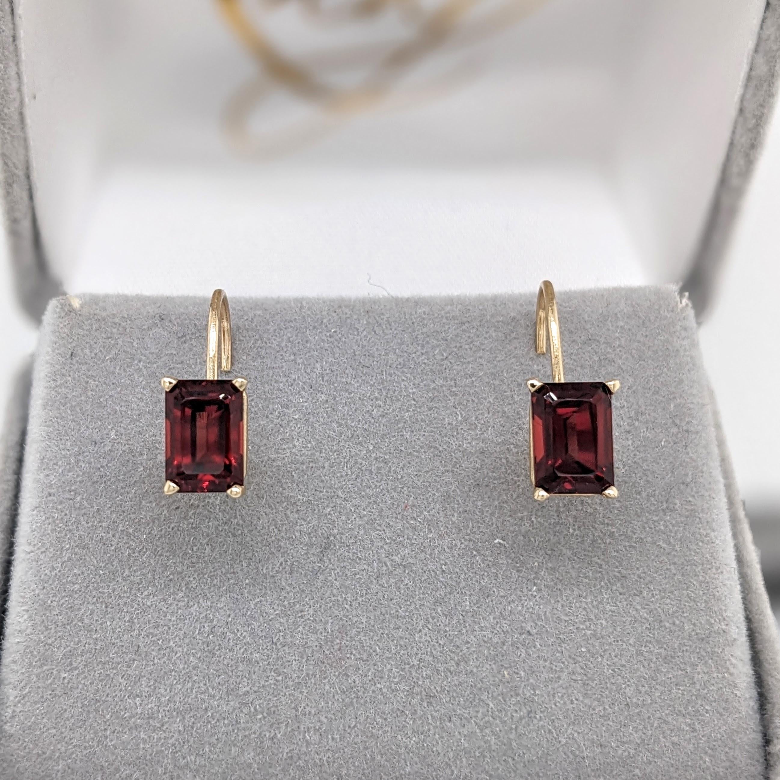 Beautiful Garnet Lever Back Earrings in Solid 14K Gold | Emerald Cut 7x5mm