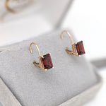 Beautiful Garnet Lever Back Earrings in Solid 14K Gold | Emerald Cut 7x5mm