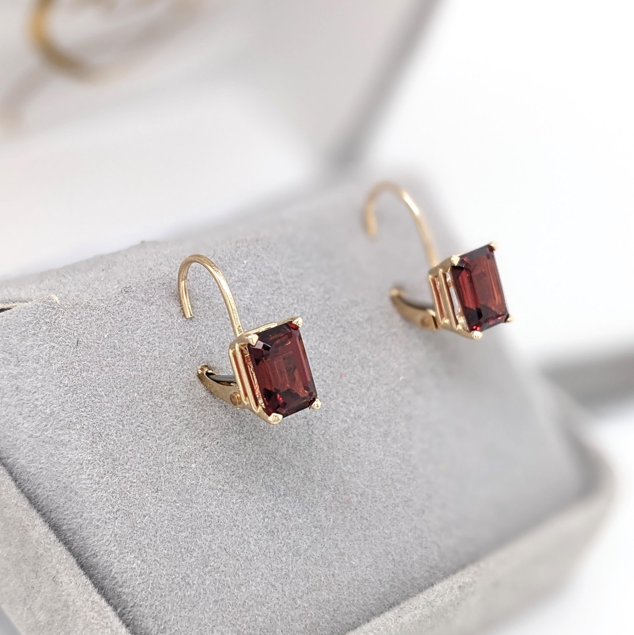 Beautiful Garnet Lever Back Earrings in Solid 14K Gold | Emerald Cut 7x5mm
