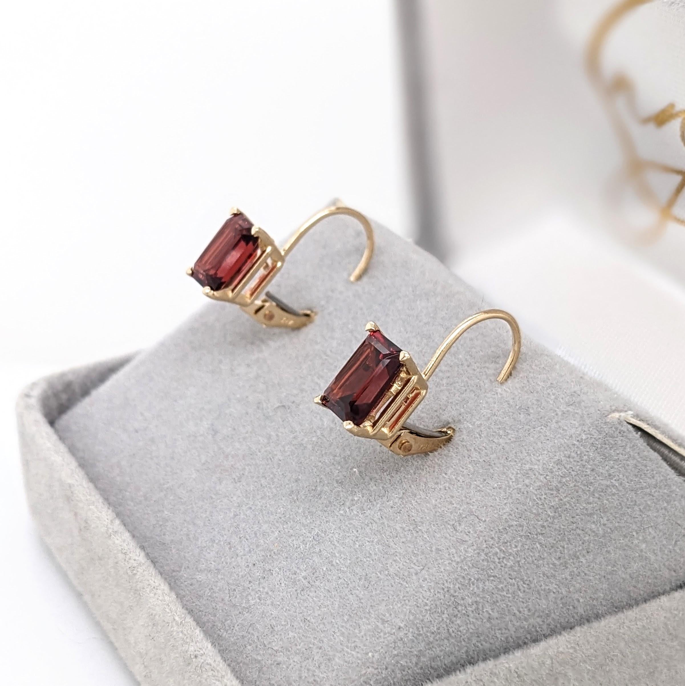 Beautiful Garnet Lever Back Earrings in Solid 14K Gold | Emerald Cut 7x5mm