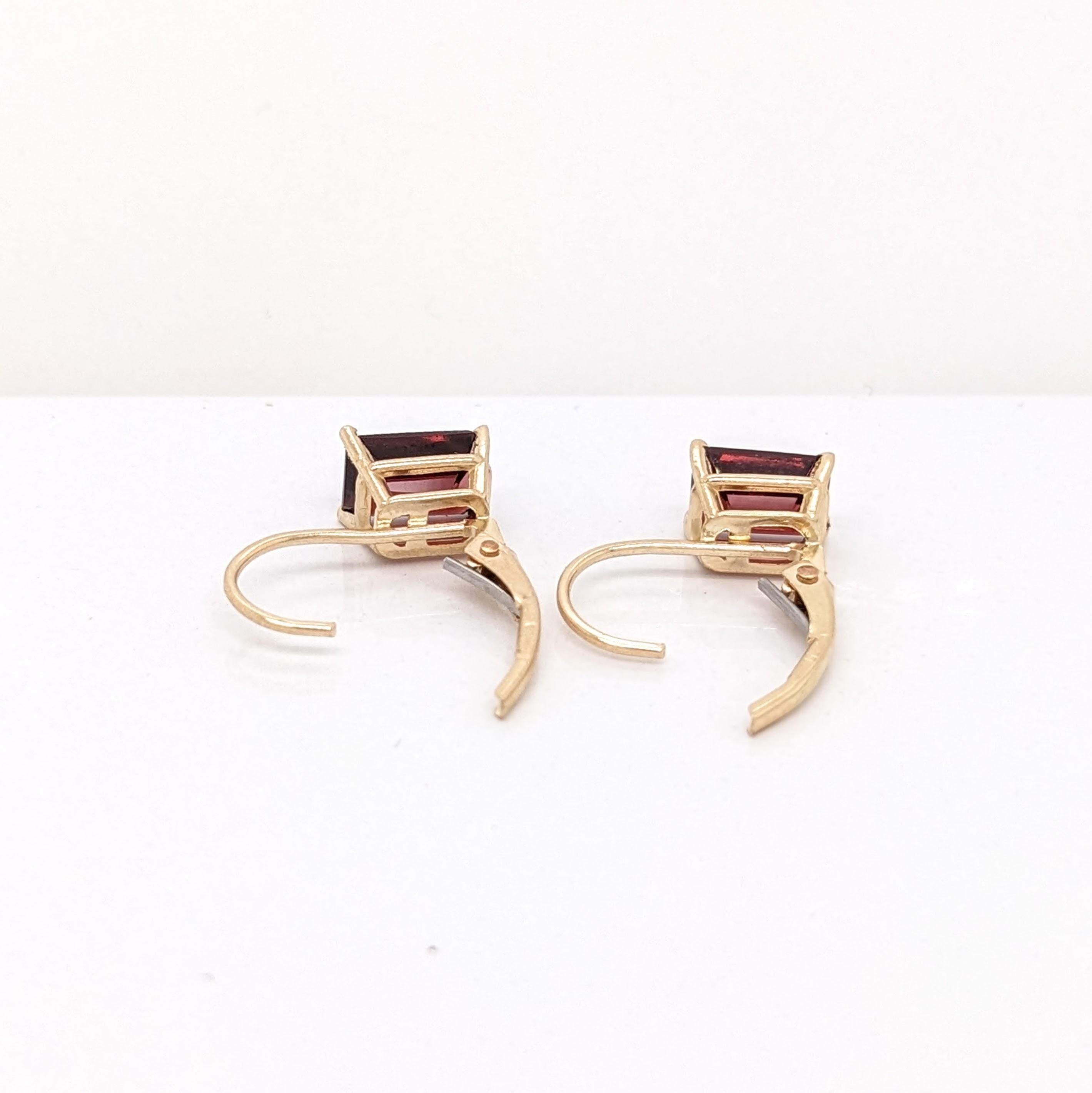 Beautiful Garnet Lever Back Earrings in Solid 14K Gold | Emerald Cut 7x5mm
