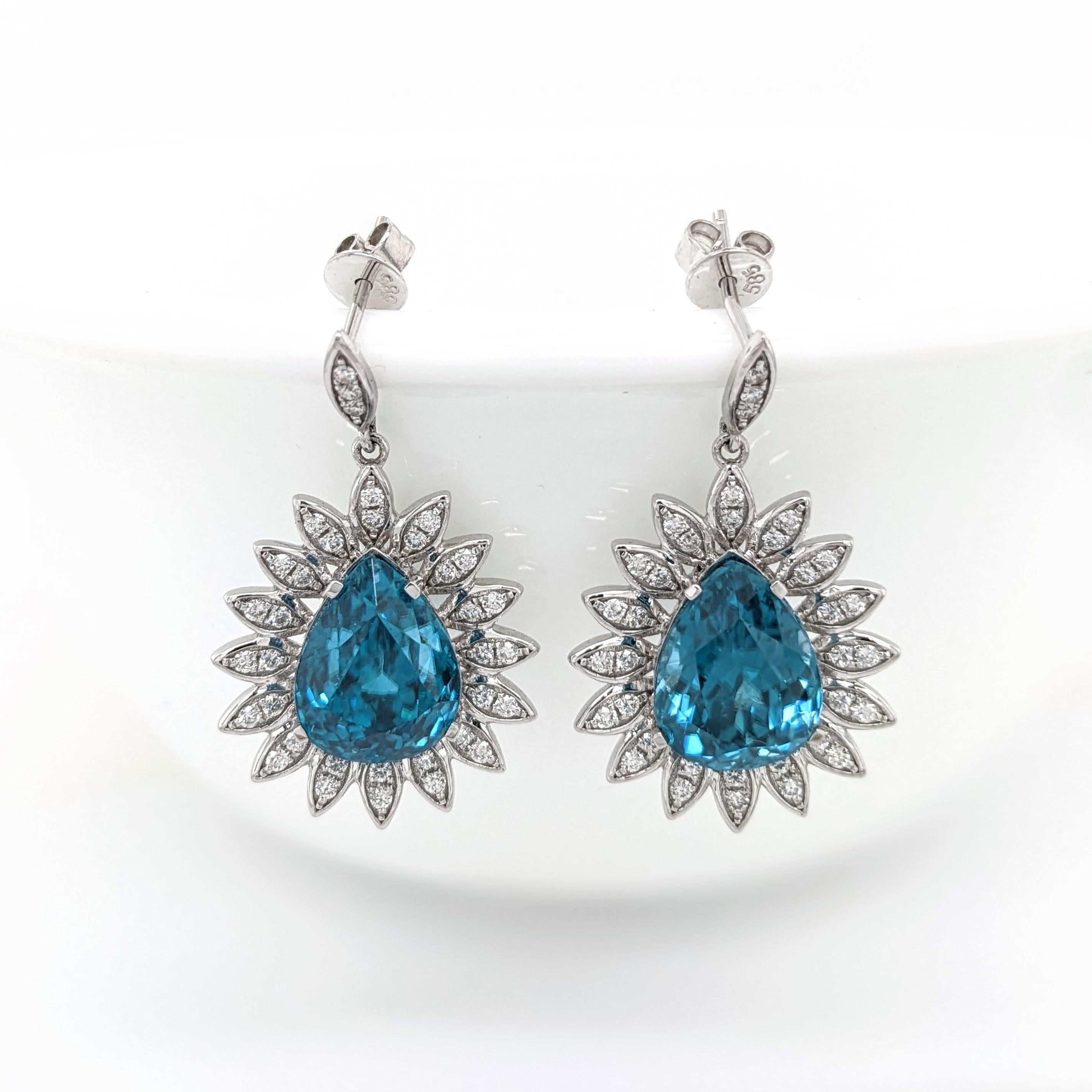 Blue Zircon Drop Earrings w Earth Mined Diamonds in Solid 14K White Gold