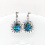 Blue Zircon Drop Earrings w Earth Mined Diamonds in Solid 14K White Gold