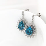 Blue Zircon Drop Earrings w Earth Mined Diamonds in Solid 14K White Gold