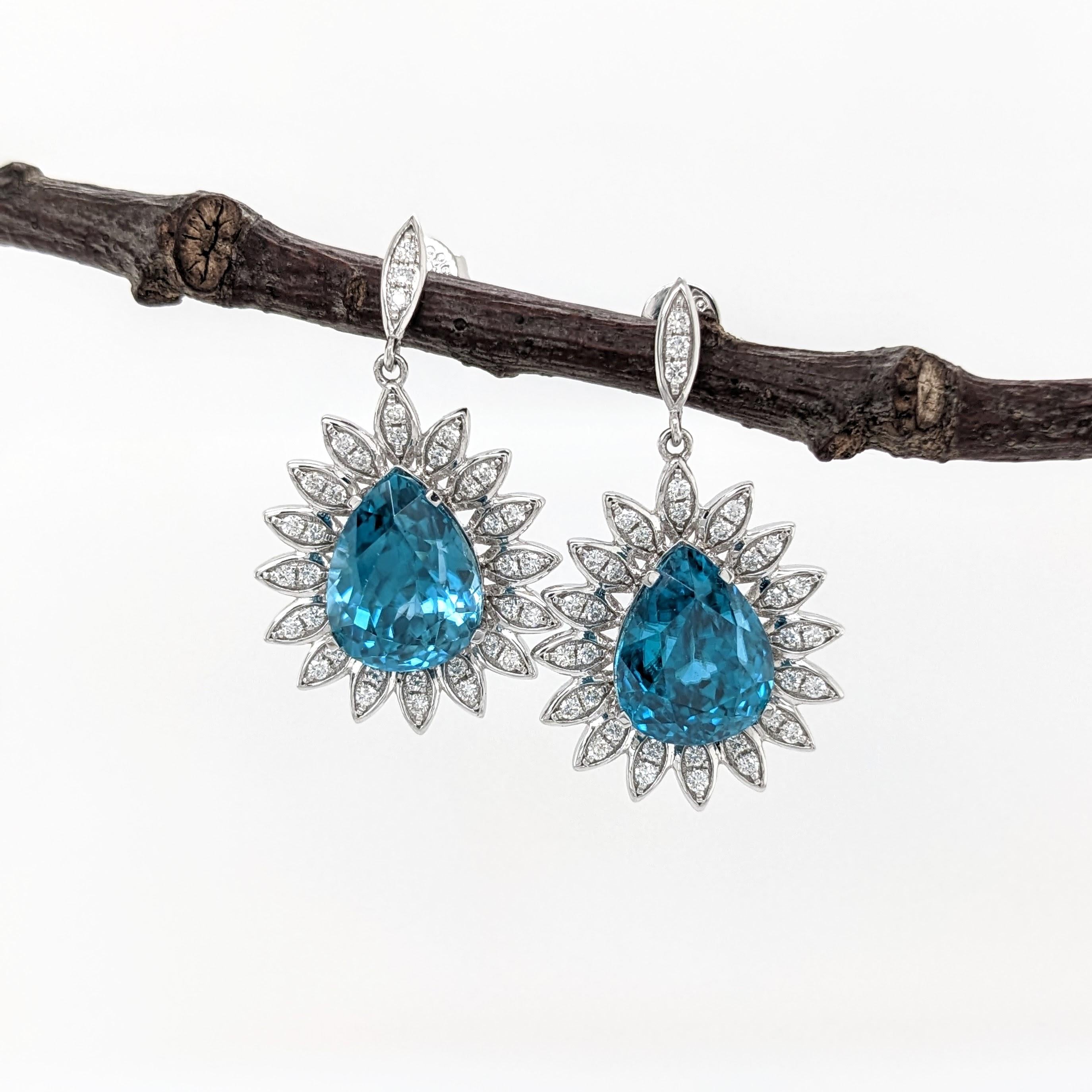 Blue Zircon Drop Earrings w Earth Mined Diamonds in Solid 14K White Gold