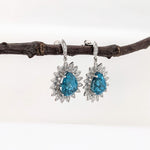 Blue Zircon Drop Earrings w Earth Mined Diamonds in Solid 14K White Gold