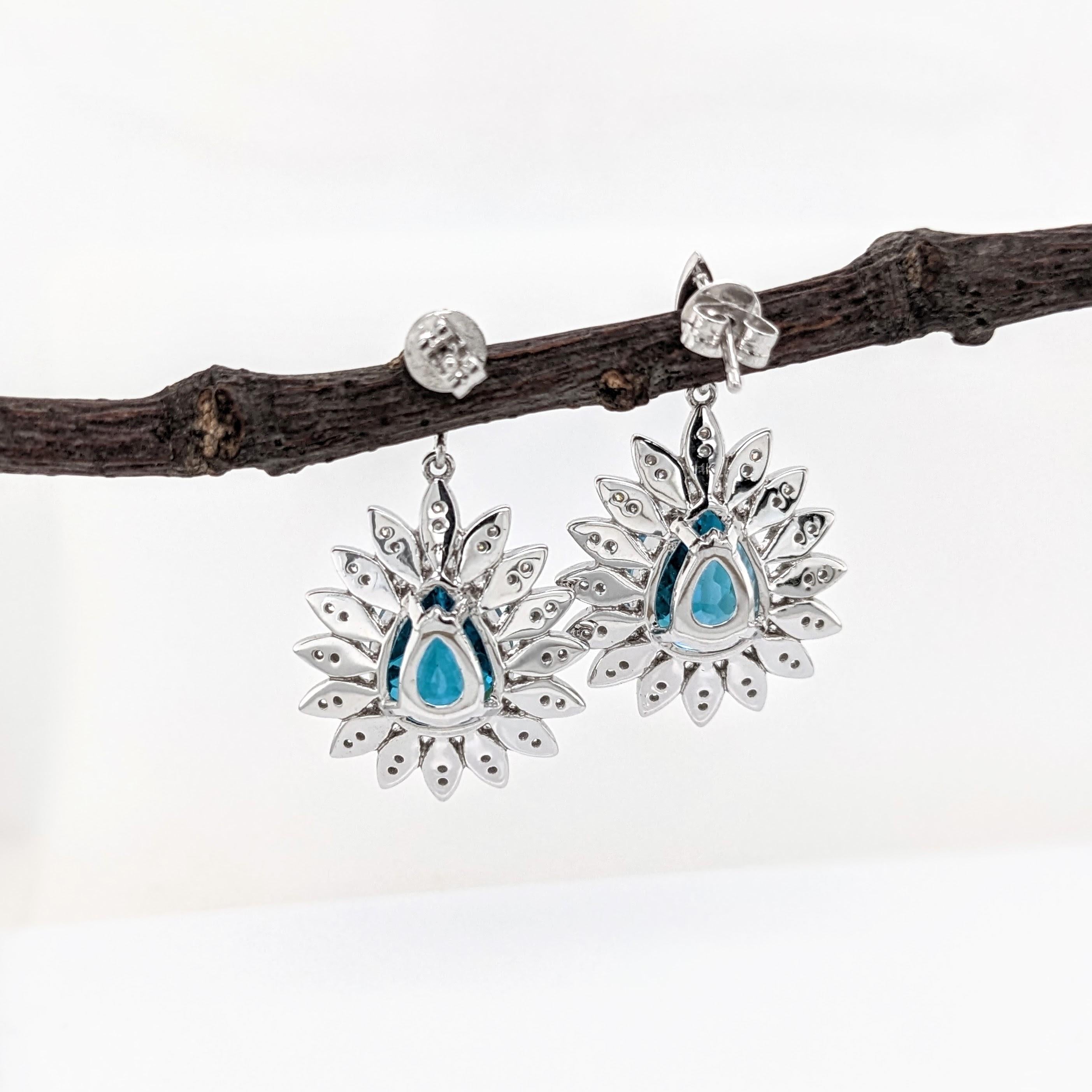 Blue Zircon Drop Earrings w Earth Mined Diamonds in Solid 14K White Gold