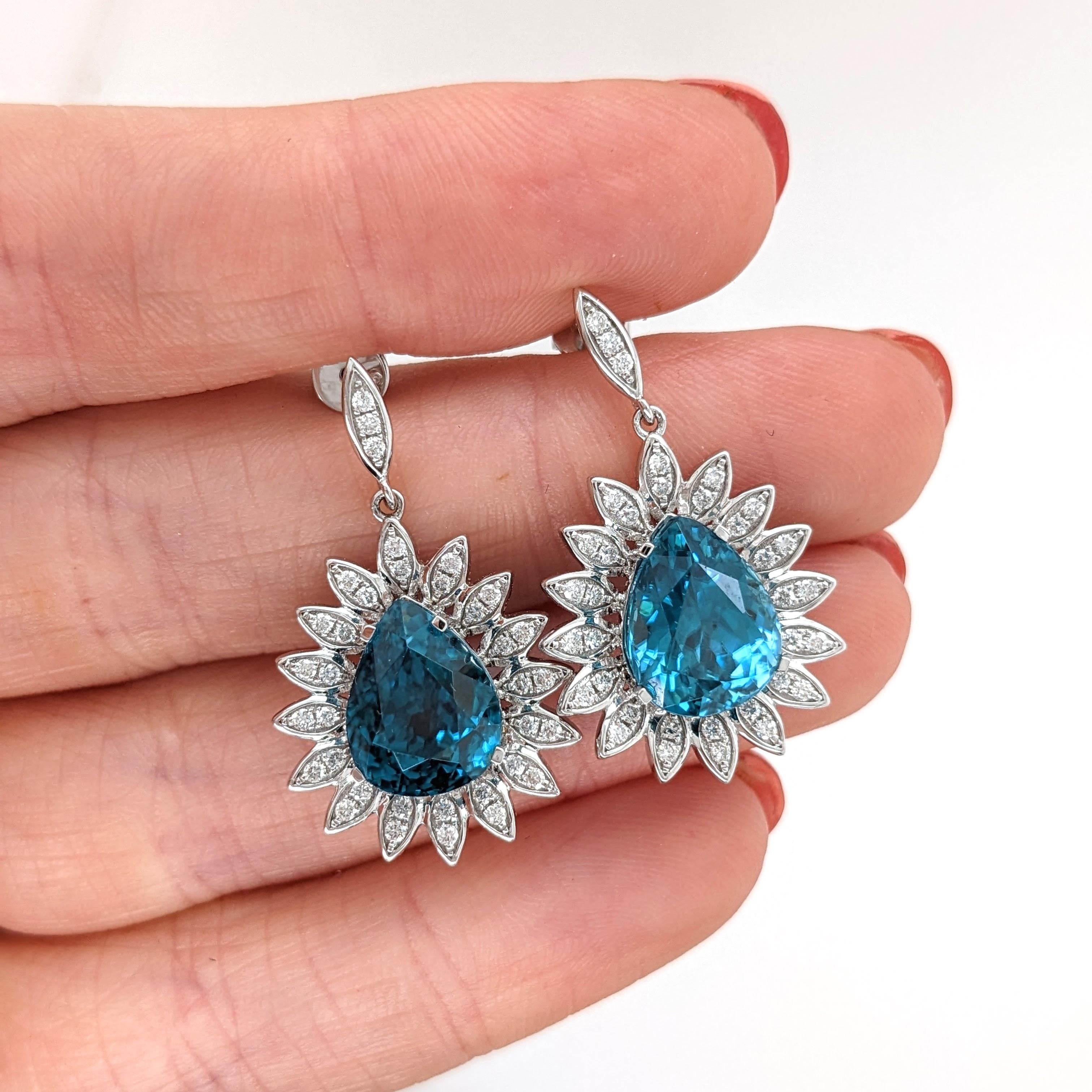 Blue Zircon Drop Earrings w Earth Mined Diamonds in Solid 14K White Gold