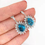 Blue Zircon Drop Earrings w Earth Mined Diamonds in Solid 14K White Gold