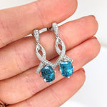 Blue Zircon Drop Earrings w Earth Mined Diamonds in Solid 14K White Gold CU