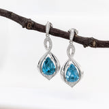 Blue Zircon Drop Earrings w Earth Mined Diamonds in Solid 14K Gold | Pear Shape