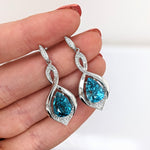 Blue Zircon Drop Earrings w Earth Mined Diamonds in Solid 14K Gold | Pear Shape