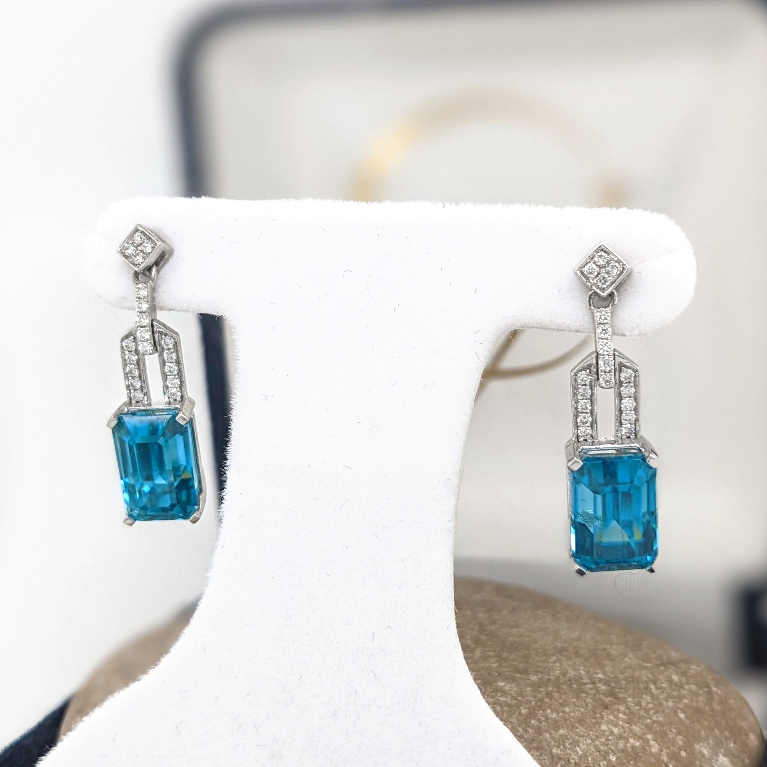 Blue Zircon Drop Earrings w Earth Mined Diamonds in Solid 14K Gold EM 9.5x6.2mm