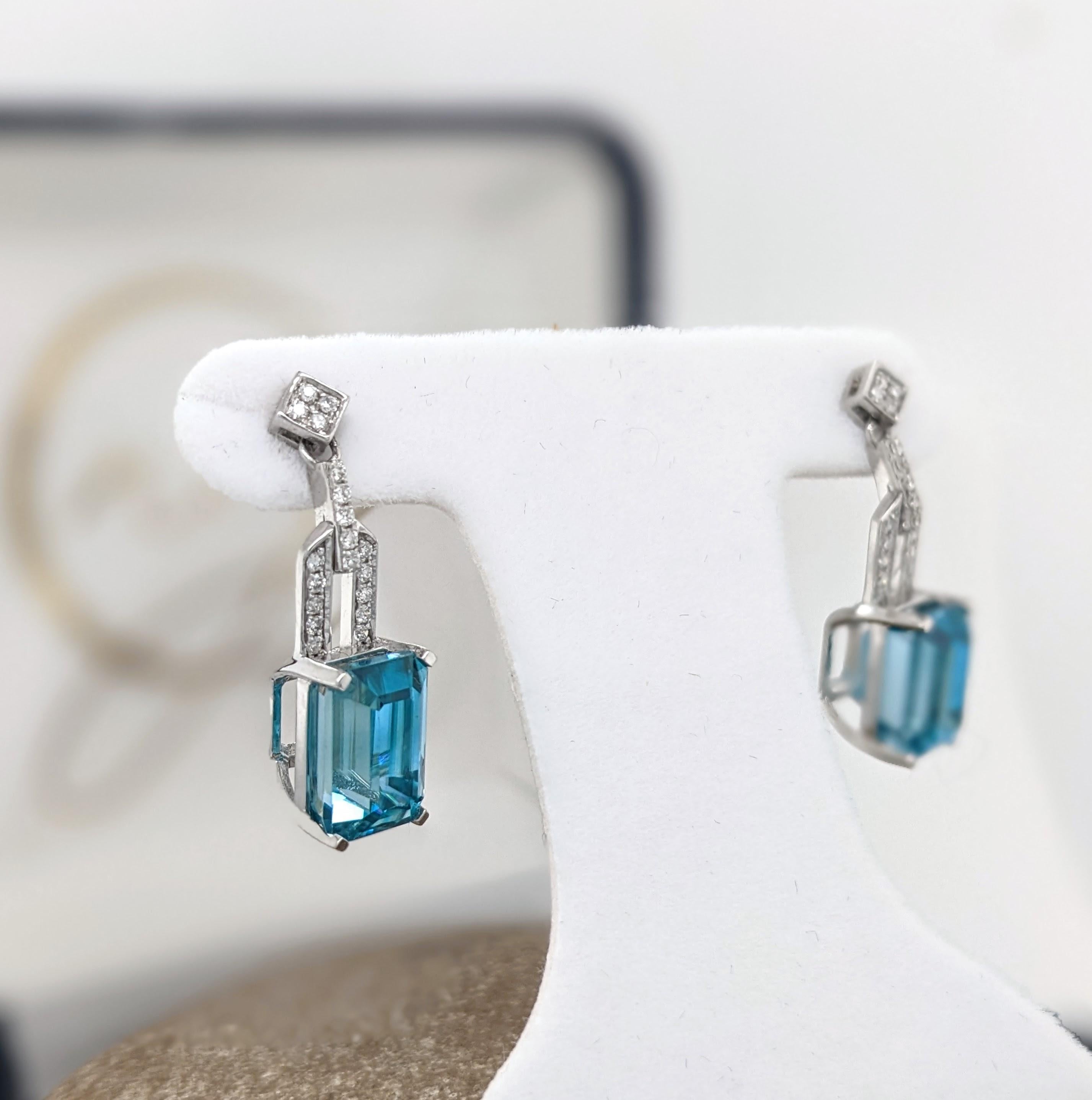 Blue Zircon Drop Earrings w Earth Mined Diamonds in Solid 14K Gold EM 9.5x6.2mm