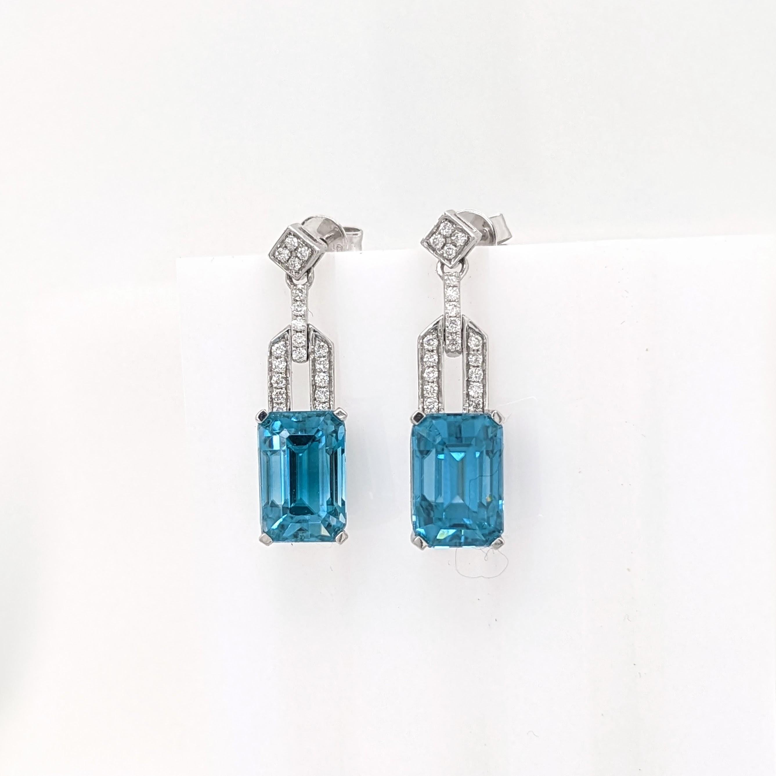 Blue Zircon Drop Earrings w Earth Mined Diamonds in Solid 14K Gold EM 9.5x6.2mm