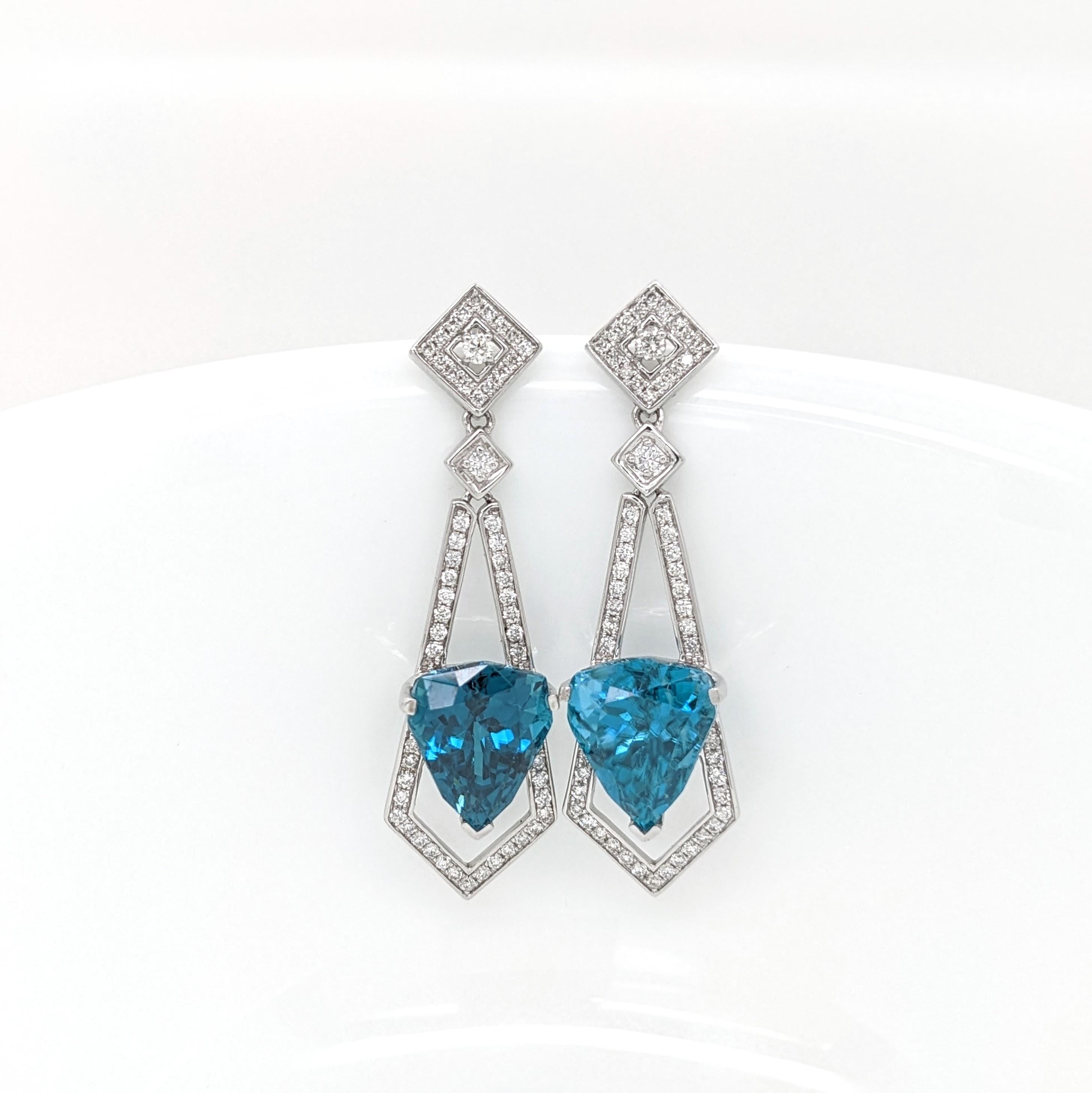 Blue Zircon Drop Earrings w Earth Mined Diamonds in Solid 14K Gold Trillion 10x9