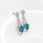 Blue Zircon Drop Earrings w Earth Mined Diamonds in Solid 14K Gold Trillion 10x9