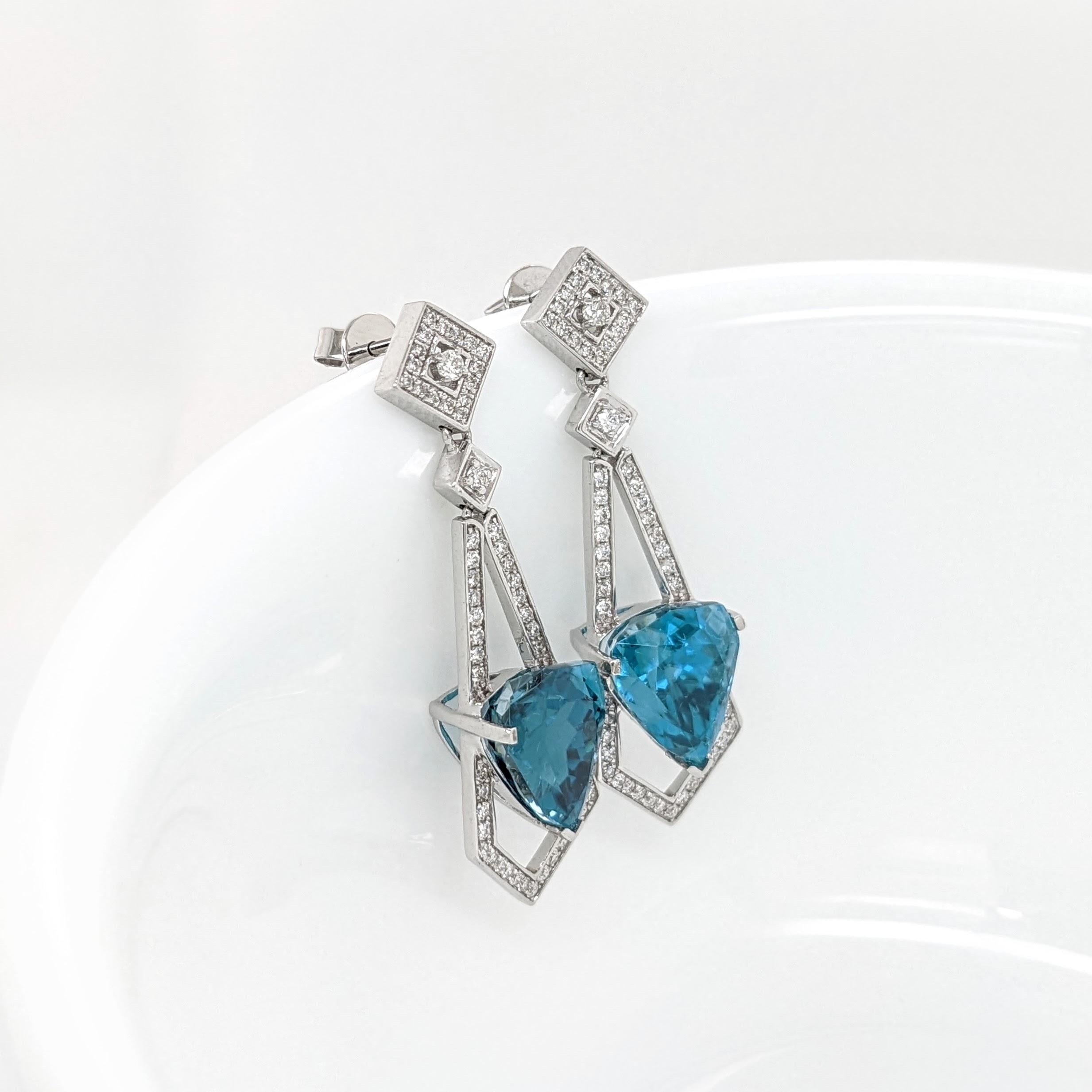 Blue Zircon Drop Earrings w Earth Mined Diamonds in Solid 14K Gold Trillion 10x9