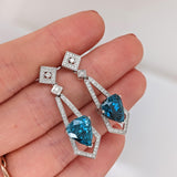 Blue Zircon Drop Earrings w Earth Mined Diamonds in Solid 14K Gold Trillion 10x9