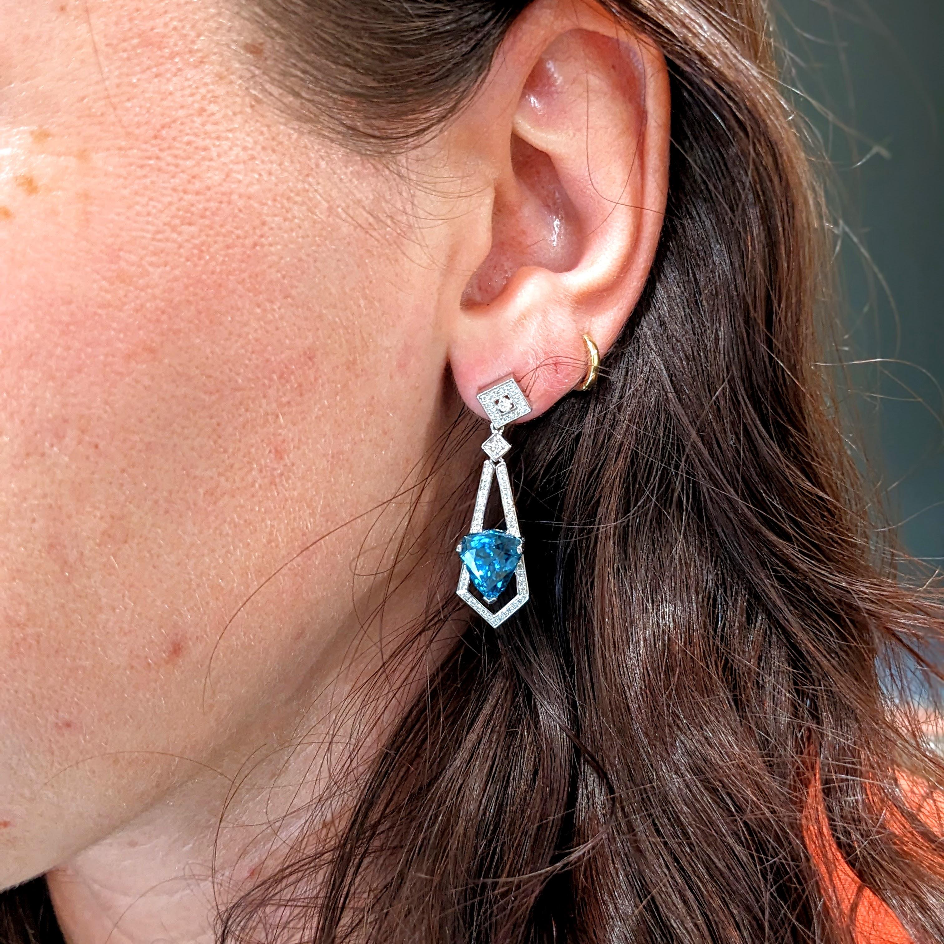 Blue Zircon Drop Earrings w Earth Mined Diamonds in Solid 14K Gold Trillion 10x9